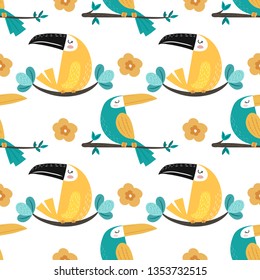 Toucans seamless pattern background. Birds sitting on branch, tropical leaves and flowers. Vector illustration.