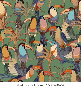 Toucans seamless pattern for fabric and Wallpaper. Birds and trees on a green vector background.