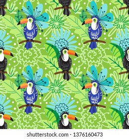 Toucans sit on a tree branch. Hawaiian pattern is perfect for clothes, wrapping paper, party invitations and more.