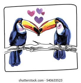 

Toucans are sitting on a branch. Love heart. Posters, postcards, print on a T-shirt.