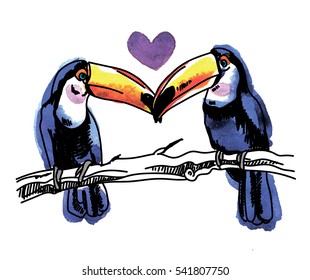 Toucans are sitting on a branch. Love heart. Posters, postcards, print on a T-shirt.