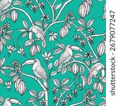 Toucans sitting on cocoa branches vector seamless pattern in Toile de Jouy style. Hand drawn line art illustrations of exotic birds and plants. Endless background for textiles and chocolate packaging.