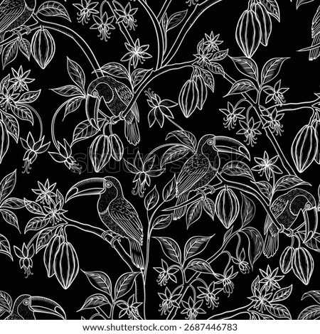 Toucans sitting on cocoa branches with leaves vector seamless pattern in engraving style. Hand drawn print for fabric and chocolate packaging. Black and white exotic birds background