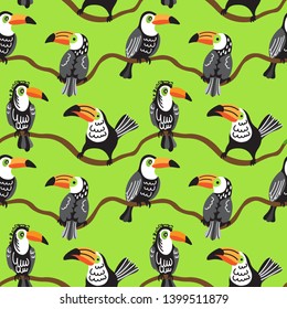 Toucans sitting on tropical branch. Seamless pattern.