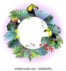 Toucans in the tropical forest of exotic flowers.For design postcards, brochures, banners, advertising.Circular composition.