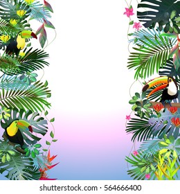 Toucans in the tropical forest of exotic flowers.For design postcards, brochures, banners, advertising.