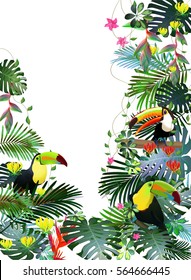 Toucans in the tropical forest of exotic flowers.For design postcards, brochures, banners, advertising.