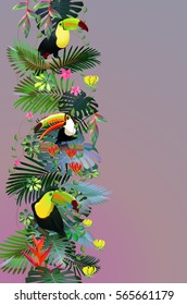 Toucans in the tropical forest of exotic flowers.For design postcards, brochures, banners, advertising.Tourism.