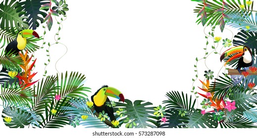 Toucans in tropical forests among exotic foliage, vines, flowers.Vector banner .