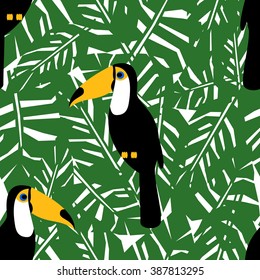 Toucans with tropical leaves seamless pattern. Green palm leaves background. Trendy Jungle illustration. Fashion summer background.