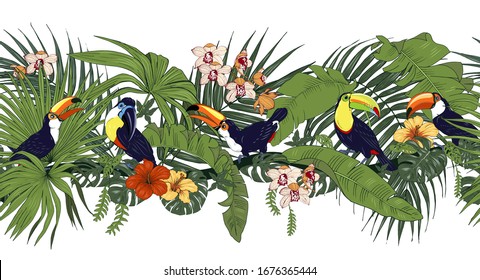 toucans and tropical plants and flowers, seamless border, vector illustration