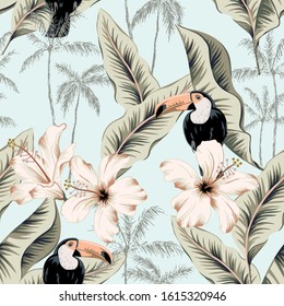 Toucans, white hibiscus flowers, banana leaves, palm trees, light blue background. Vector floral seamless pattern. Tropical illustration. Exotic plants, birds. Summer beach design. Paradise nature