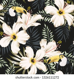 Toucans, white hibiscus flowers, palm leaves, black background. Vector floral seamless pattern. Tropical illustration. Exotic plants, birds. Summer beach design. Paradise nature