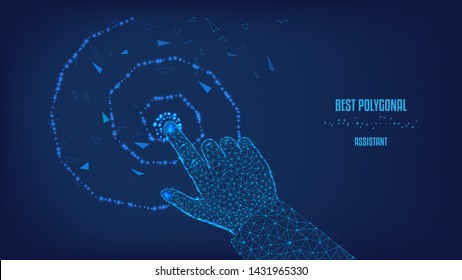 Touch the abstract future.  Polygonal illustration of hand man of triangles and points. Background of beautiful dark blue night sky. Design for various successful conceptual projects. Low poly. 