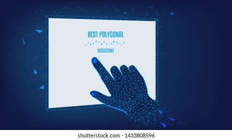  Touch the abstract Tablet.  Polygonal illustration of hand man and tablet from triangles and points. Background of beautiful dark blue night sky. Design for various successful conceptual projects. 