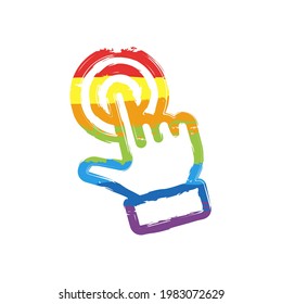 Pulse la acción con el dedo, un icono sencillo. Signo de dibujo con estilo LGBT, siete colores arcoiris (rojo, naranja, amarillo, verde, azul, índigo, violeta)