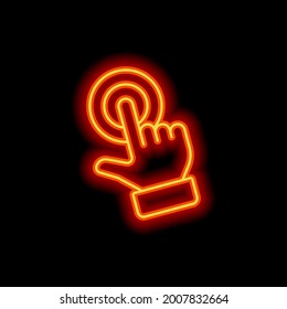 Touch action by finger, simple icon. Orange neon style on black background. Light linear icon with editable stroke