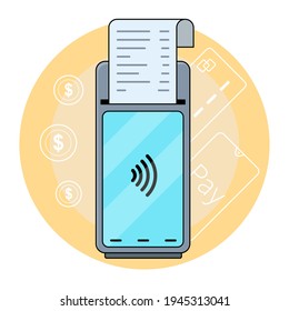El concepto de terminal de banca con pantalla táctil en estilo plano, pago por tarjeta y smartphone.