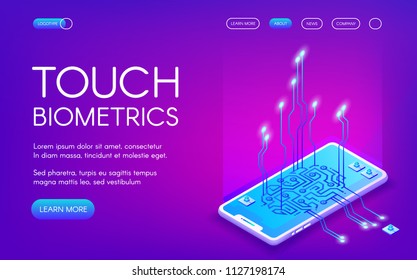 Touch biometrics technology vector illustration of digital fingerprint recognition for personal identity. Smartphone touchscreen sensors for private data encryption on purple ultraviolet background