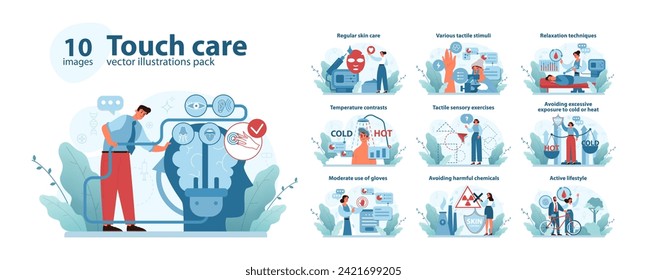 Touch care set. Comprehensive skin protection and sensory enhancement strategies. Includes regular skin care, temperature moderation, and active lifestyle. Vector illustration.