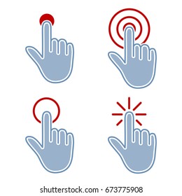 Touch and click flat web icon set. Design element with silhouette of hand with finger and a touch button.