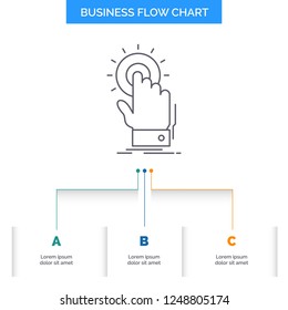 touch, click, hand, on, start Business Flow Chart Design with 3 Steps. Line Icon For Presentation Background Template Place for text