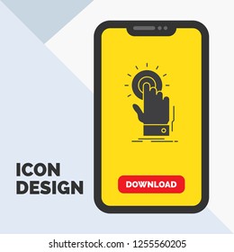 touch, click, hand, on, start Glyph Icon in Mobile for Download Page. Yellow Background