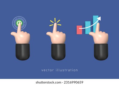 Touch or click icon design. 3D hand pointing icon design. Pointing power button, tap screen, business chart, choose button. Vector 3d illustration.