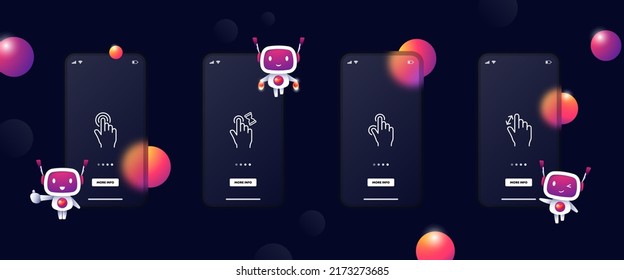 Touch control set icon. Hand gestures, zoom in and out, swipe, tap, press, arrow, clock, hourglass. Technology concept. Glassmorphism. UI phone app screens with robots. Vector line icon for Business