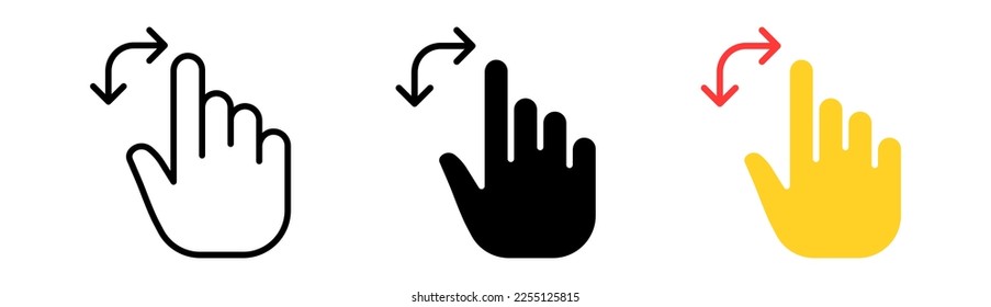 Touch control set icon. Hand gestures, zoom in and out, swipe, tap, press, arrow, clock, hourglass. Vector icon in line, black and colorful style on white background