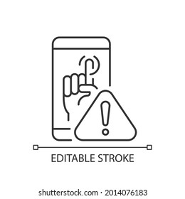 Touch display not working linear icon. Touchscreen and buttons unresponsive. Display not response. Thin line customizable illustration. Contour symbol. Vector isolated outline drawing. Editable stroke