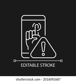 Touch display not working white linear icon for dark theme. Touchscreen unresponsive issue. Thin line customizable illustration. Isolated vector contour symbol for night mode. Editable stroke