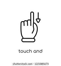 touch and downward sliding gesture icon. Trendy modern flat linear vector touch and downward sliding gesture icon on white background from thin line Hands and guestures collection, outline vector
