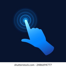 Efecto táctil. Mano azul. El dedo índice presiona un Botón en la pantalla. Futuras tecnologías. Las ondas sonoras redondas provienen del Botón. Innovación. Holograma de neón. Ilustración vectorial sobre fondo azul.