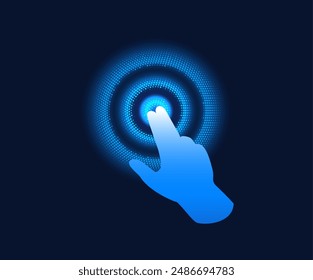 Efecto táctil. Una mano holográfica azul presiona un Botón en la pantalla. Cuando se toca, la onda radial de neón diverge. Ciberespacio. Pantalla virtual. Ilustración vectorial sobre fondo azul.