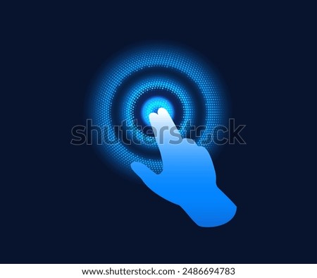 Touch effect. A blue holographic hand presses a button on the screen. When touched, the neon radial wave diverges. Cyberspace. Virtual display. Vector illustration on a blue background.