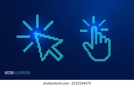 Touch-Effekt klicken Sie in Pixel-Symbol Cursor und Hand. Digitaler futuristischer Stil - Handbewegung oder Display-Klick - Konzept für Interaktion, Auswahl und Benutzereingriff in digitalen Umgebungen