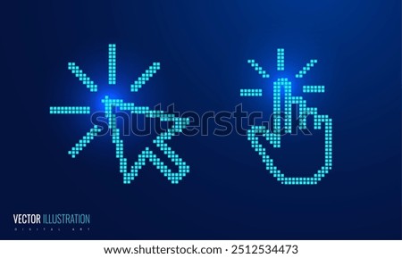 Touch effect click in pixel icon cursor and hand. Digital futuristic style - hand movement or display click - concept for interaction, selection, and user engagement in digital environments