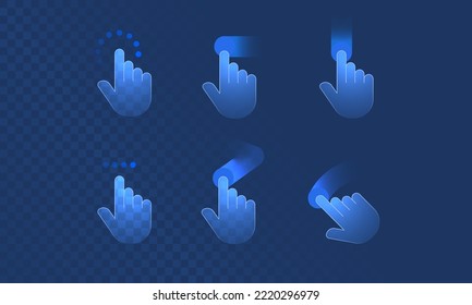 Touch effect of hand gesture in digital futuristic style on transparent background. Neon icon of hand movement on the touch screen. Vector illustration of swipe here icon in neon light effect.