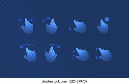 Touch effect of hand gesture in digital futuristic style on transparent background. Neon icon of hand movement on the touch screen. Vector illustration of swipe here icon in neon light effect.