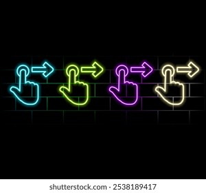 Efeito de toque do gesto da mão em estilo futurista digital em fundo transparente. Ícone de néon do movimento da mão na tela sensível ao toque. Ilustração vetorial do ícone deslizar aqui no efeito de luz neon..roxo 