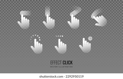 Touch effect of hand gesture on transparent background. Icon of hand movement on the touch screen with blurry motion in white color. Vector illustration of swipe here icon