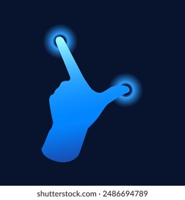 Efecto táctil. Pulgar y dedo índice presionar los Botones redondos de neón en la pantalla. Mano azul. Innovaciones espaciales del futuro. Interfaz de ordenador. Pantalla virtual. Ilustración vectorial sobre fondo azul