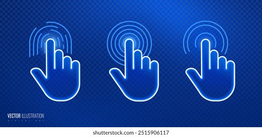 Efecto táctil escaneando el dedo de la mano - efecto de brillo ligero. Escaneo de huellas dactilares con concepto de desbloqueo - Hacer clic de iconos de neón