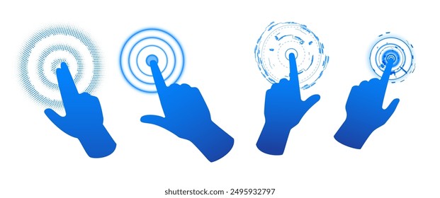 Efecto táctil. Un conjunto de manos de color azul neón que presionan los Botones con el dedo índice. Ondas redondas. Efecto Glitch. Ciberespacio. Pantalla virtual. Ilustración vectorial sobre un fondo azul.