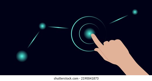 Touch the electronic display of the human hand. Technologies of the future. Futuristic image. Futuristic drawing. Virtual reality.