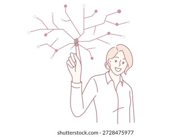 Identificación táctil del dedo y concepto de seguridad. Mujer joven sonriente de pie empujando el dedo en la pantalla para la Identificación y el acceso a la Ilustración vectorial de la página personal