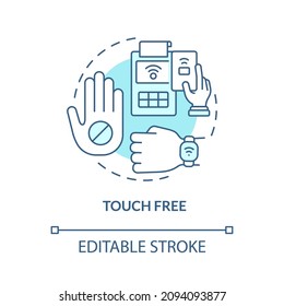 Touch Free Turquoise Concept Icon. Contactless Payment. Touchless System Abstract Idea Thin Line Illustration. Isolated Outline Drawing. Editable Stroke. Roboto-Medium, Myriad Pro-Bold Fonts Used