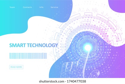 Touch the future by your hand. Virtual reality is touching to electronic display. Futuristic technologies of the future. Graphic concept for your design