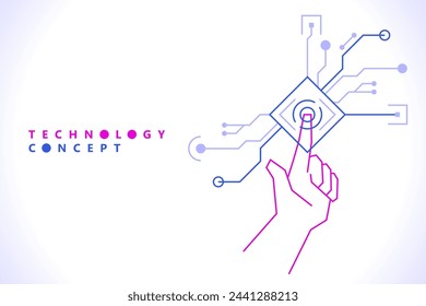 Toca el futuro. Tecnología de interfaz de alta tecnología cyberpunk. Mano digital que toca la línea de puntos de conexión de tecnología. El futuro de la experiencia del usuario. Ilustración de vector